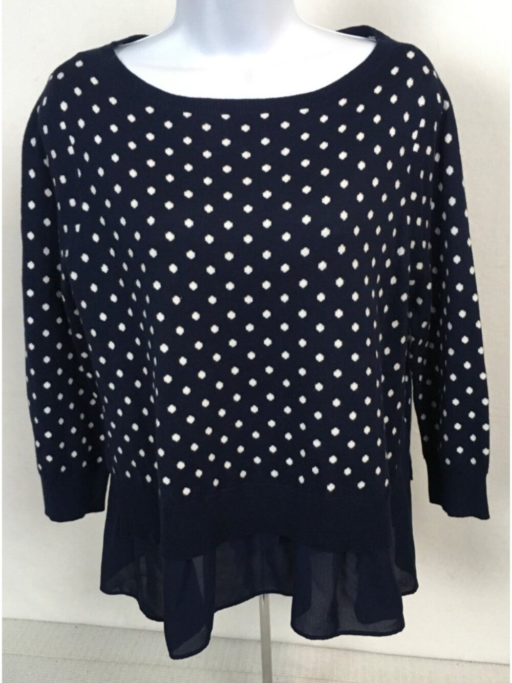 Chaps Sweater Size PL Navy Blue w White Polka Dots 3/4 Sleeves New Round Neck